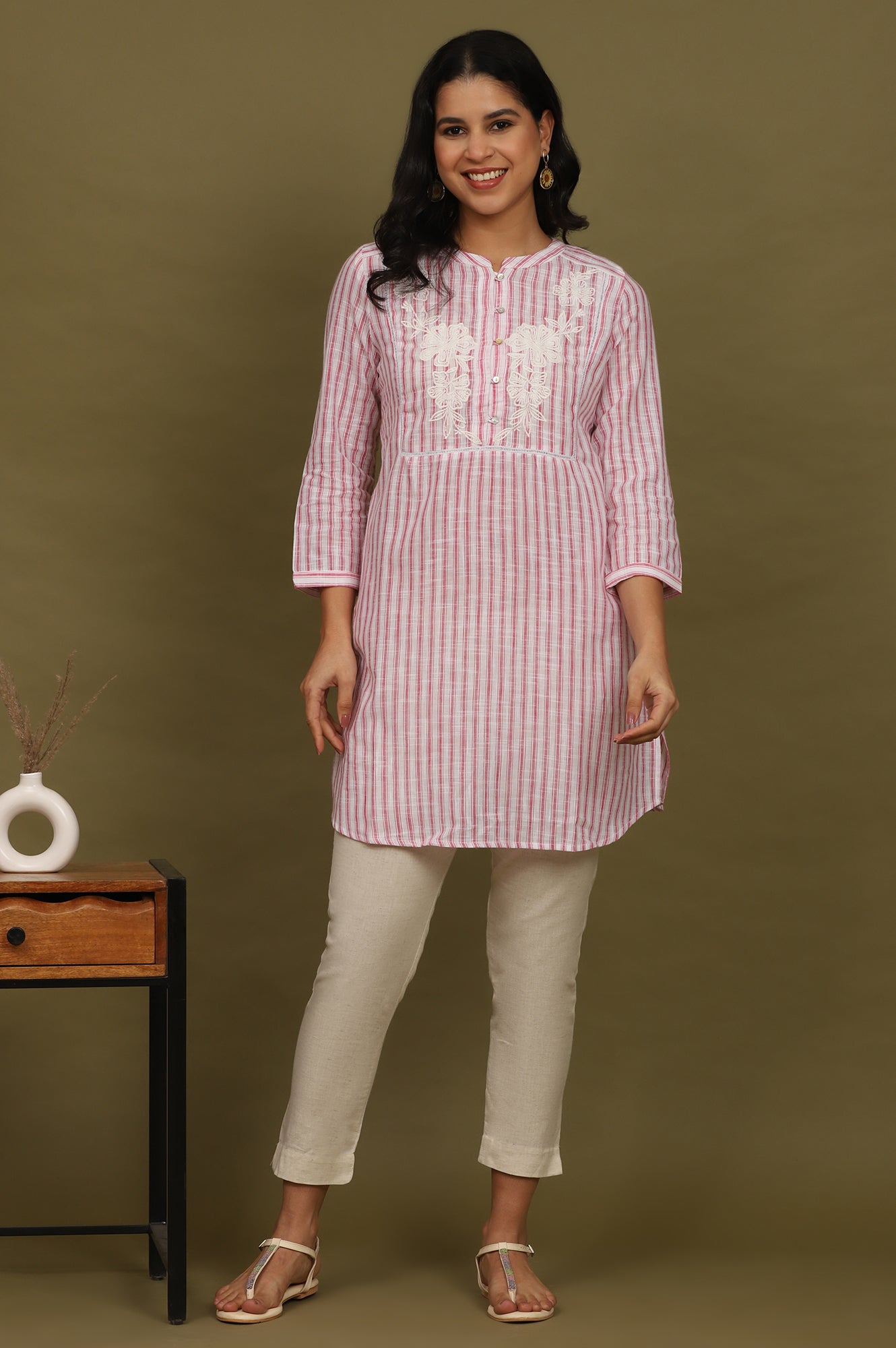 Pink and White Yarn Dyed Cotton Tunic in Mandarin Collar