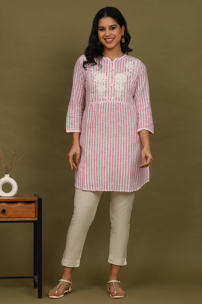 Pink and White Yarn Dyed Cotton Tunic in Mandarin Collar