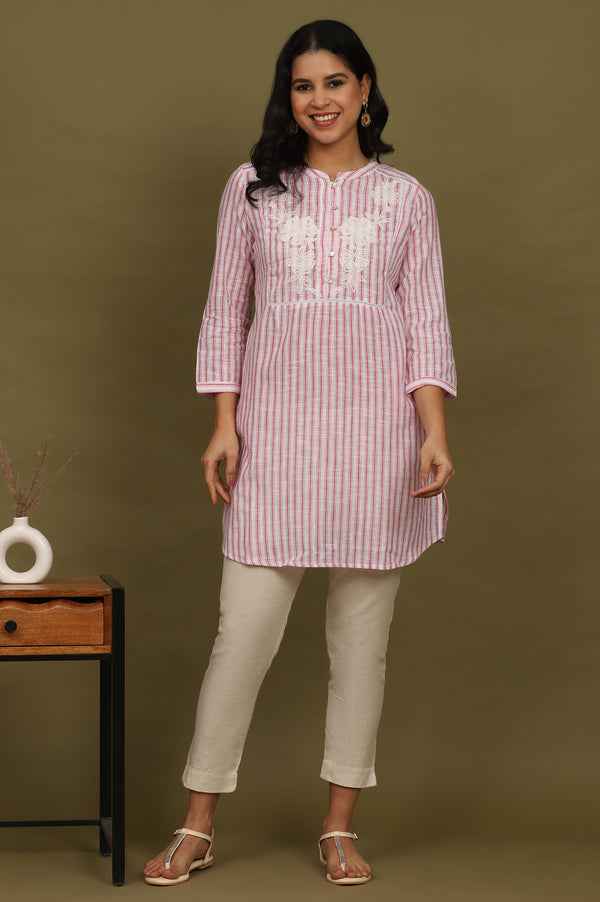 Pink and White Yarn Dyed Cotton Tunic in Mandarin Collar