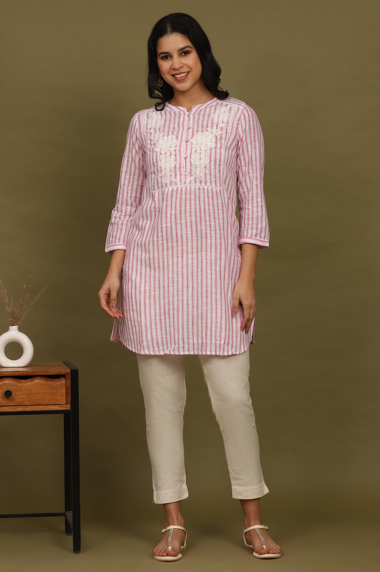 Pink and White Yarn Dyed Cotton Tunic in Mandarin Collar