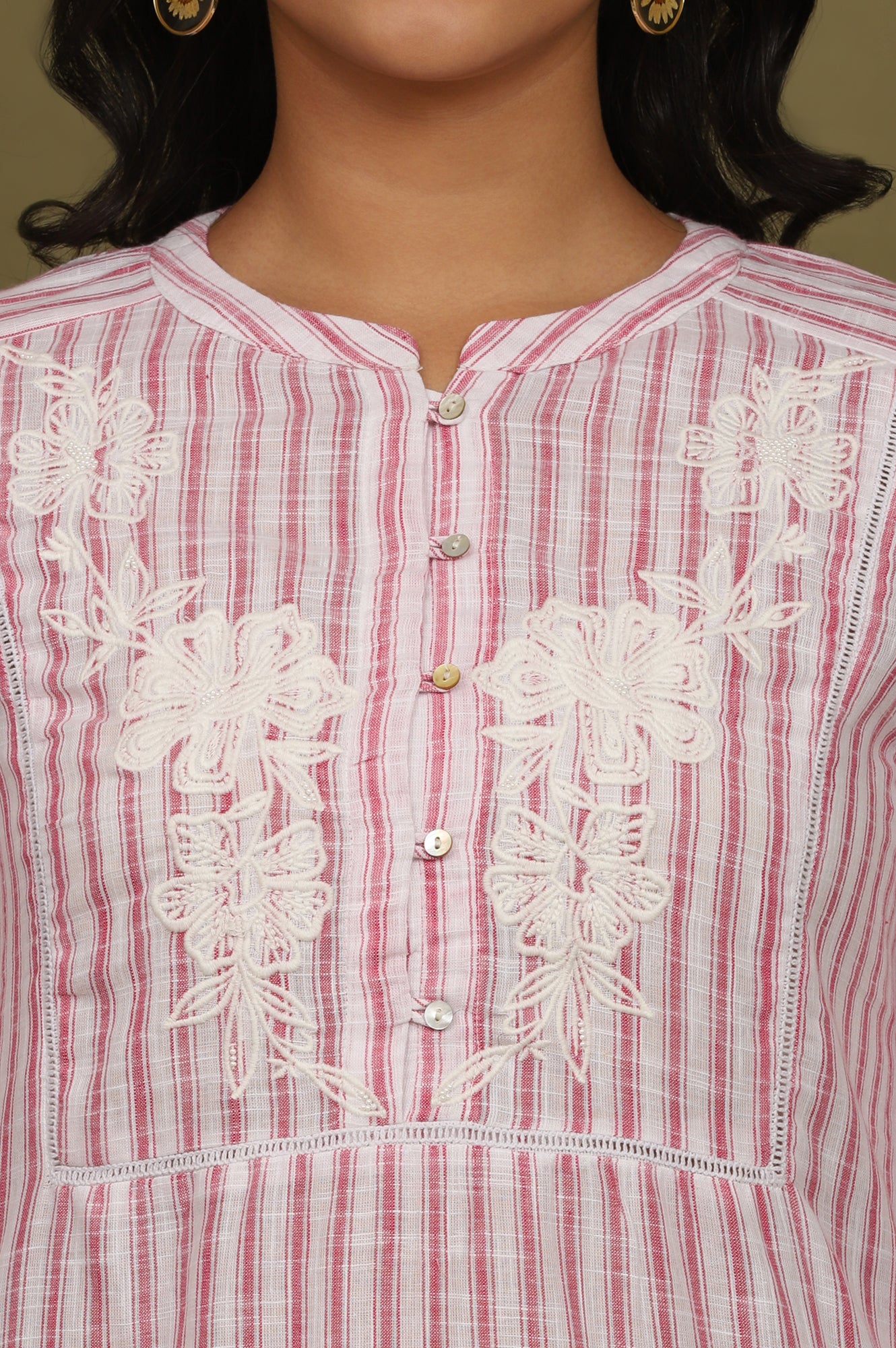 Pink and White Yarn Dyed Cotton Tunic in Mandarin Collar