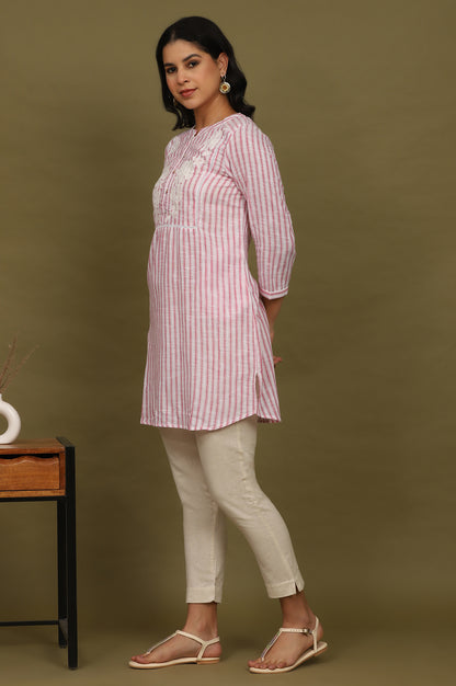 Pink and White Yarn Dyed Cotton Tunic in Mandarin Collar