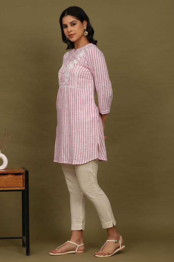 Pink and White Yarn Dyed Cotton Tunic in Mandarin Collar
