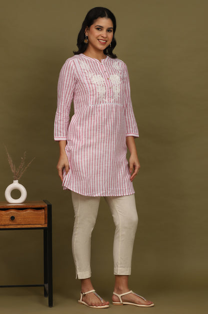 Pink and White Yarn Dyed Cotton Tunic in Mandarin Collar
