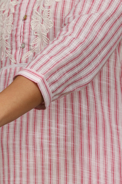Pink and White Yarn Dyed Cotton Tunic in Mandarin Collar