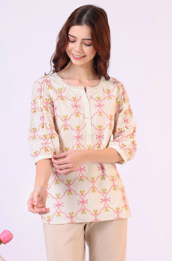 White Thread Embroidered Straight Pure Cotton Ethnic Lacetop