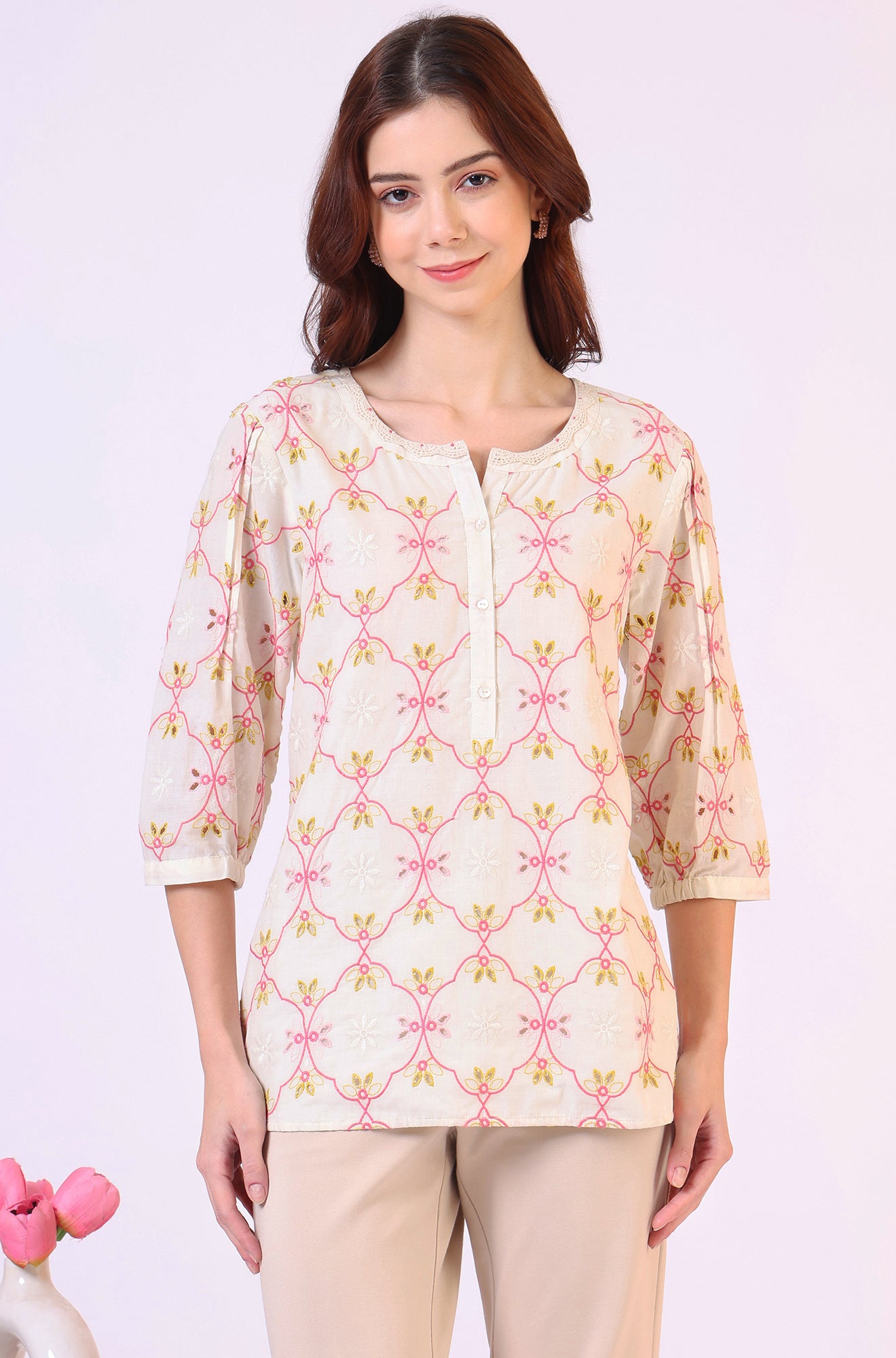 White Thread Embroidered Straight Pure Cotton Ethnic Lacetop