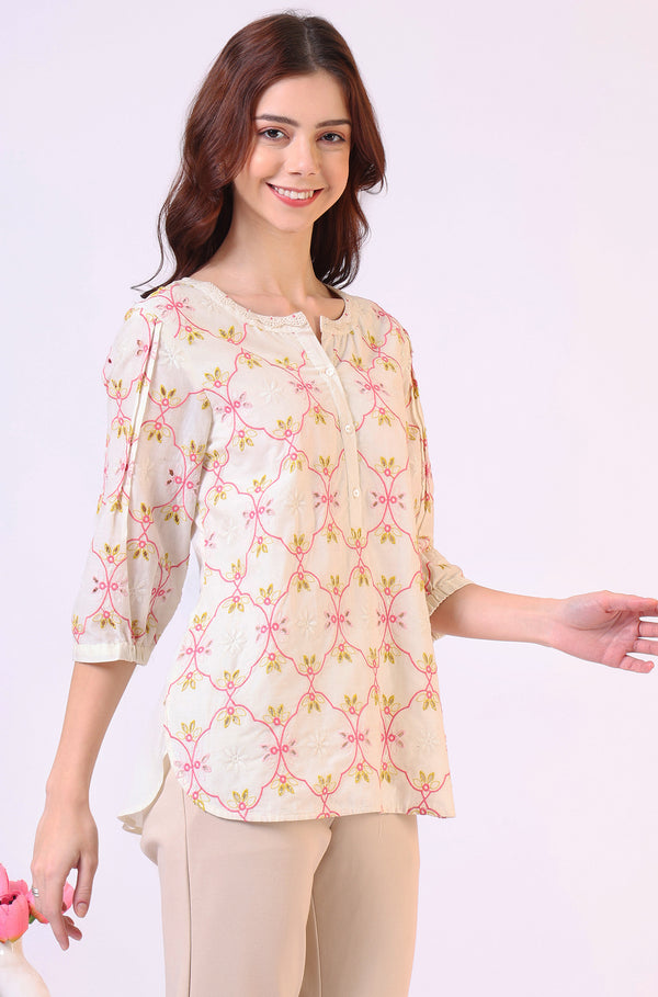 White Thread Embroidered Straight Pure Cotton Ethnic Lacetop