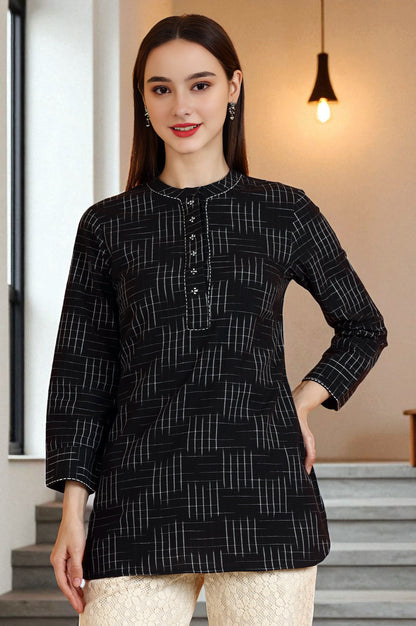 Black Ikkat Yarn Dyed Pure Cotton Straight Tunic