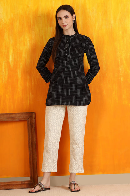 Black Ikkat Yarn Dyed Pure Cotton Straight Tunic