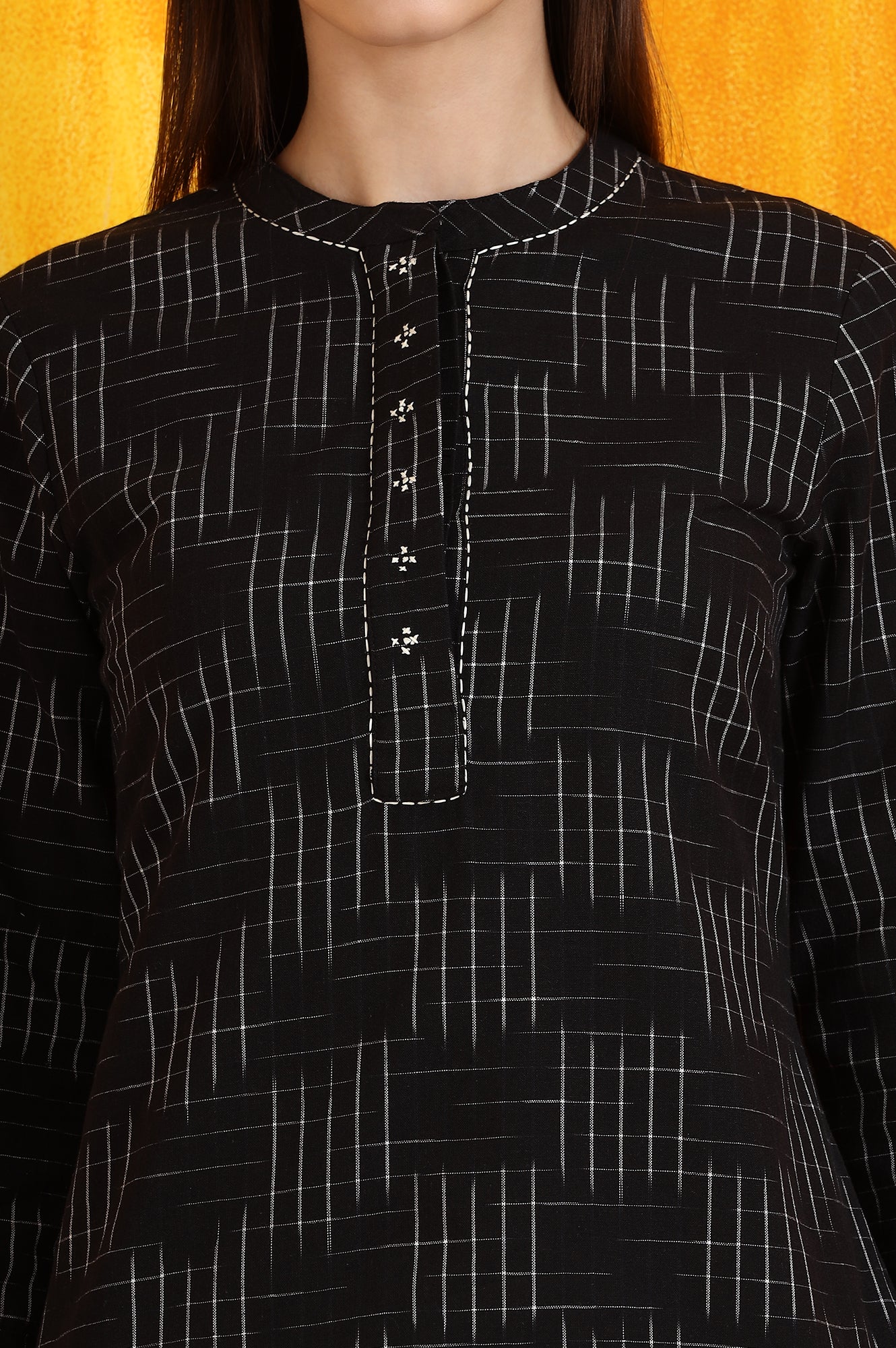 Black Ikkat Yarn Dyed Pure Cotton Straight Tunic