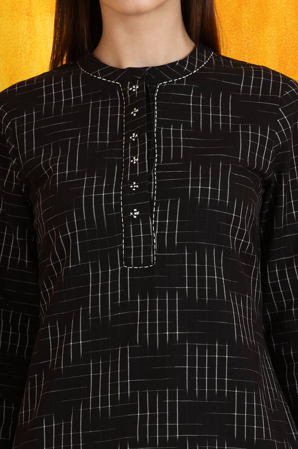 Black Ikkat Yarn Dyed Pure Cotton Straight Tunic