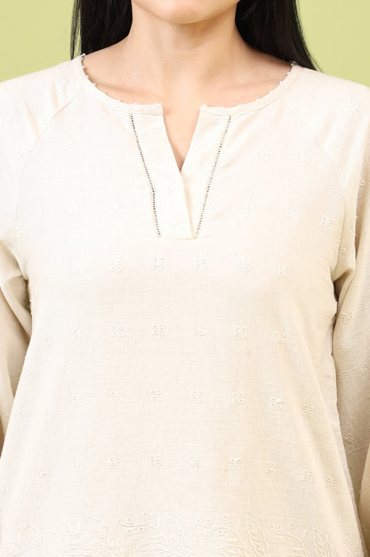 Off-Whie Schiffli Embroidered Fusion Top with Lace Detail