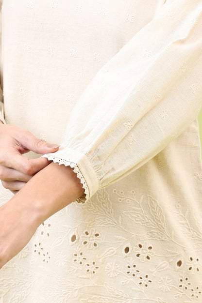 Off-Whie Schiffli Embroidered Fusion Top with Lace Detail