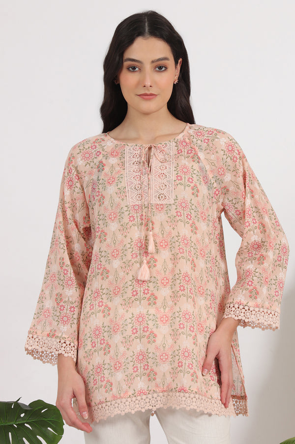 Pink Printed Cotton Crepe Top with Crochet Lace