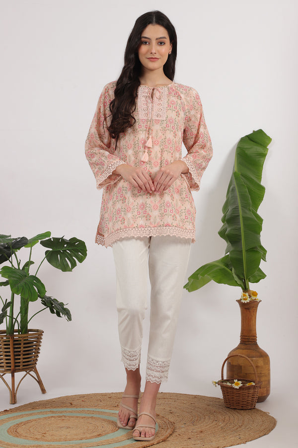 Pink Printed Cotton Crepe Top with Crochet Lace