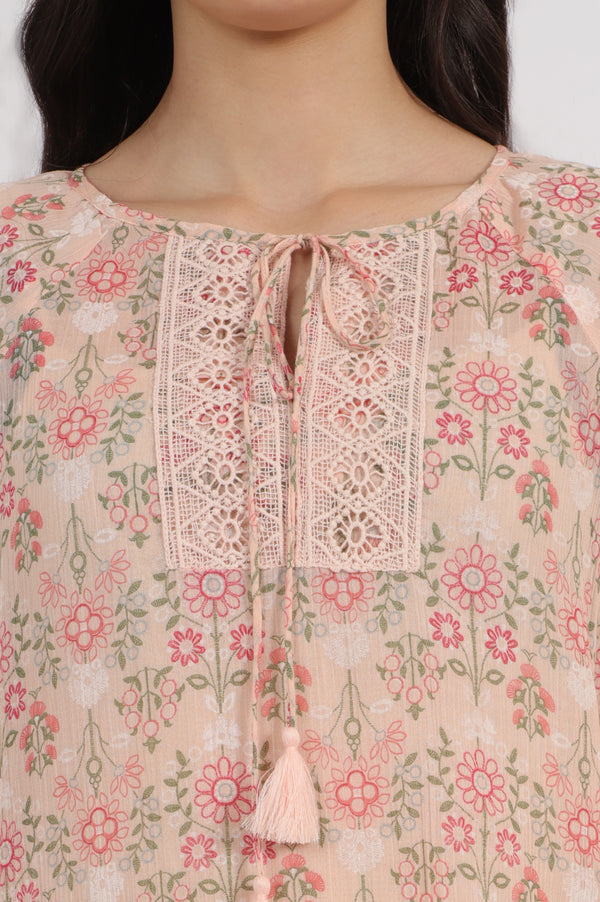 Pink Printed Cotton Crepe Top with Crochet Lace