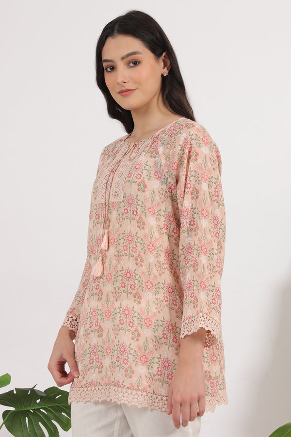 Pink Printed Cotton Crepe Top with Crochet Lace