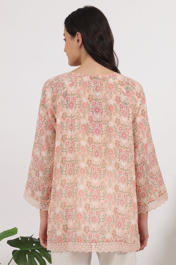 Pink Printed Cotton Crepe Top with Crochet Lace