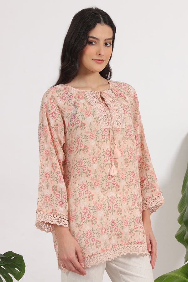 Pink Printed Cotton Crepe Top with Crochet Lace