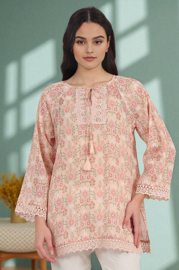 Pink Printed Cotton Crepe Top with Crochet Lace