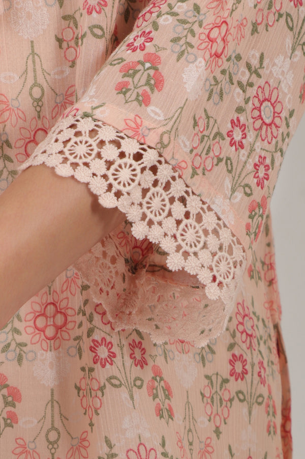 Pink Printed Cotton Crepe Top with Crochet Lace