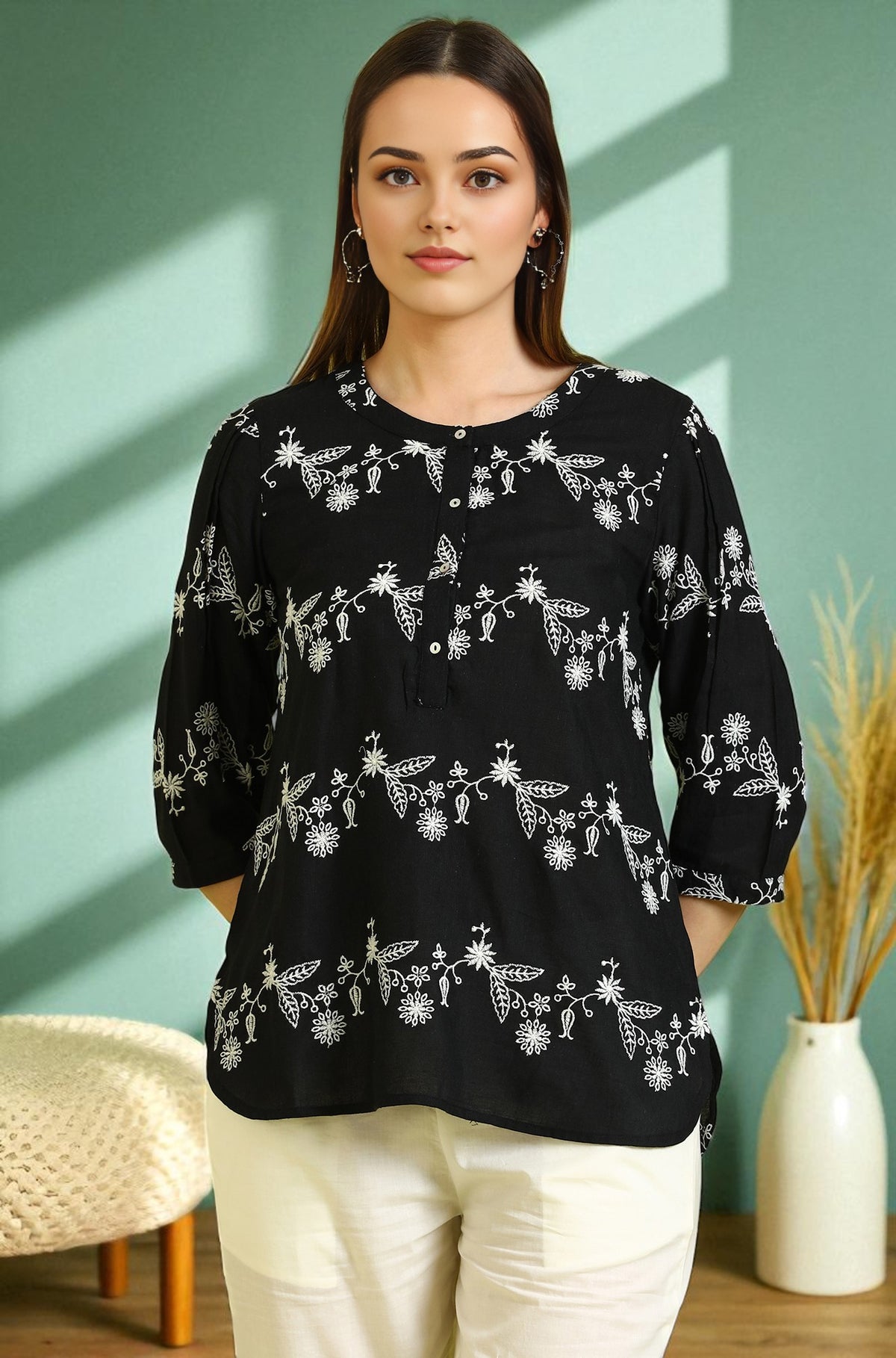Black Embroidered Straight Rayon Top - XS