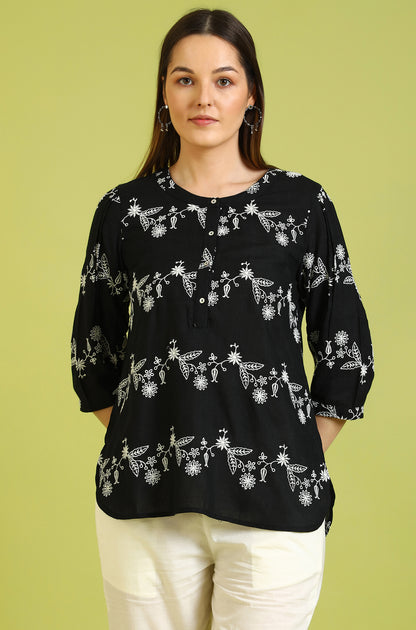 Black Embroidered Straight Rayon Top