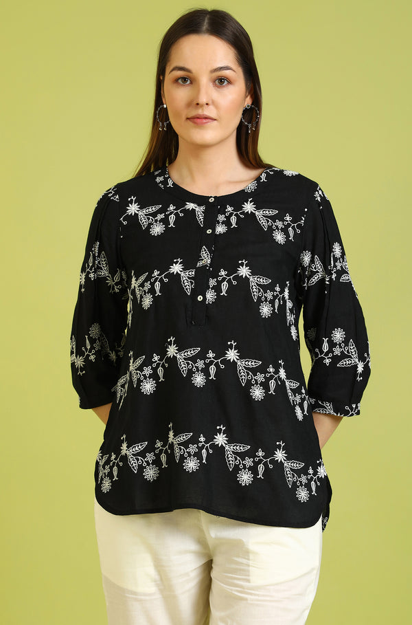Black Embroidered Straight Rayon Top