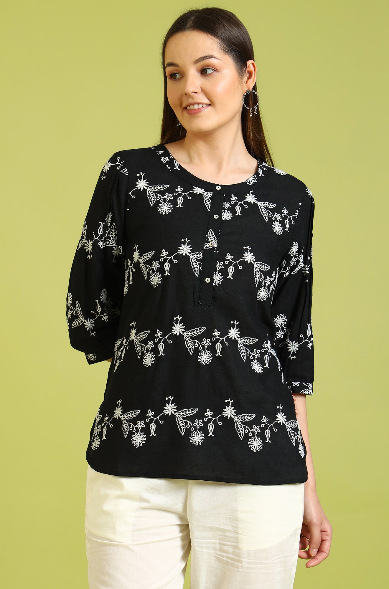 Black Embroidered Straight Rayon Top