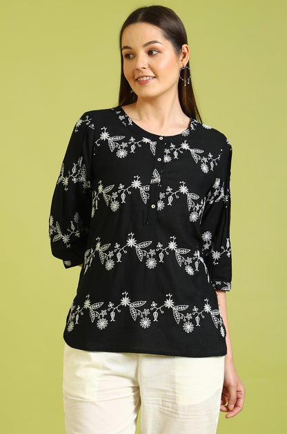 Black Embroidered Straight Rayon Top