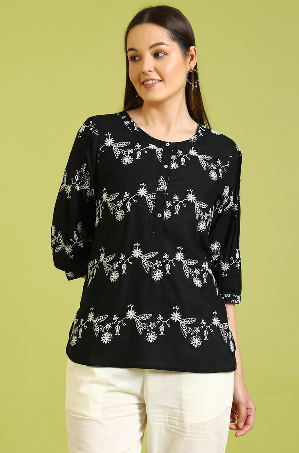 Black Embroidered Straight Rayon Top