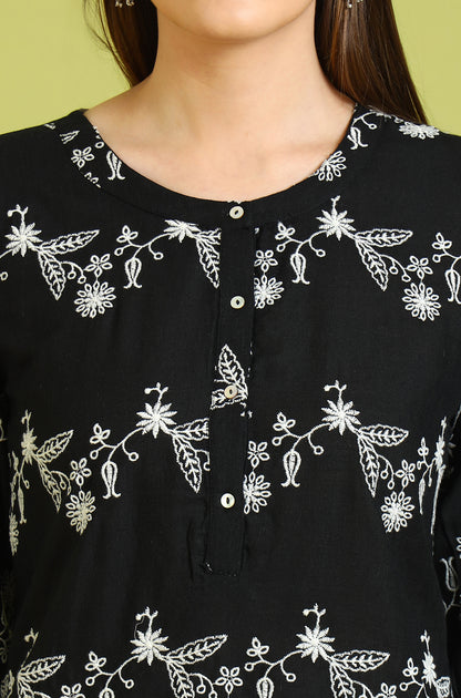 Black Embroidered Straight Rayon Top
