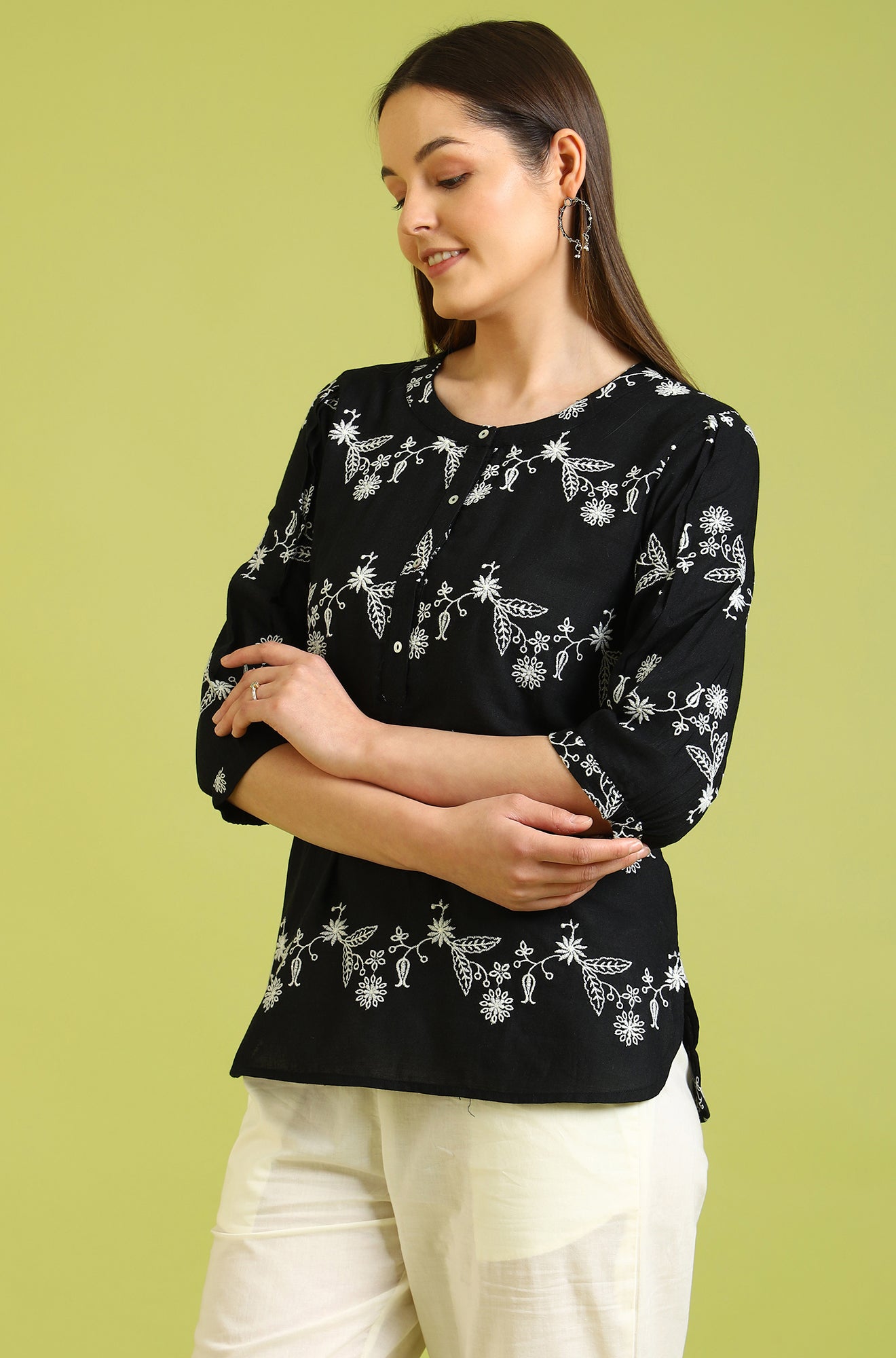 Black Embroidered Straight Rayon Top