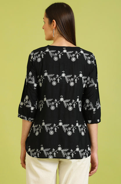 Black Embroidered Straight Rayon Top