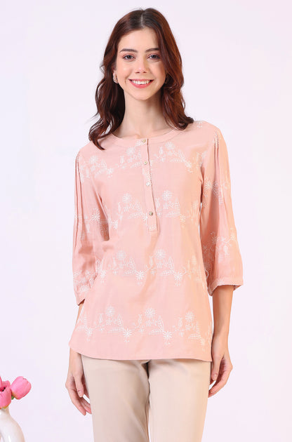 Peach Floral Schiffli Embroidered Rayon Flax Western Top