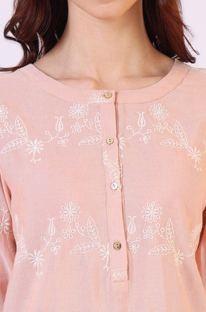 Peach Floral Schiffli Embroidered Rayon Flax Western Top