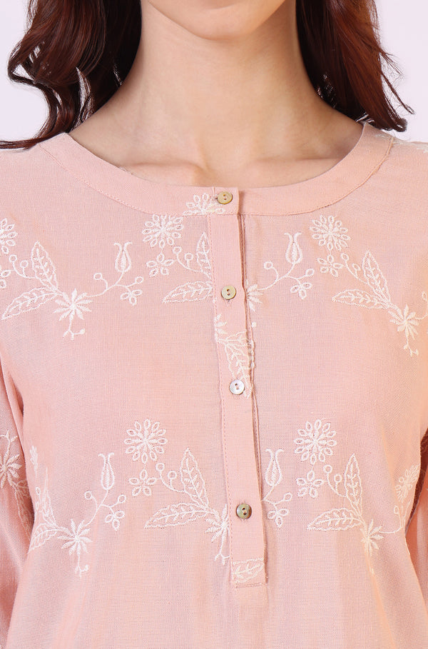 Peach Floral Schiffli Embroidered Rayon Flax Western Top