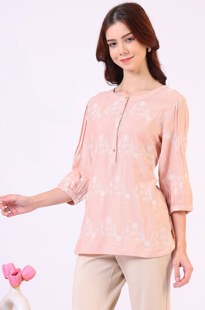 Peach Floral Schiffli Embroidered Rayon Flax Western Top