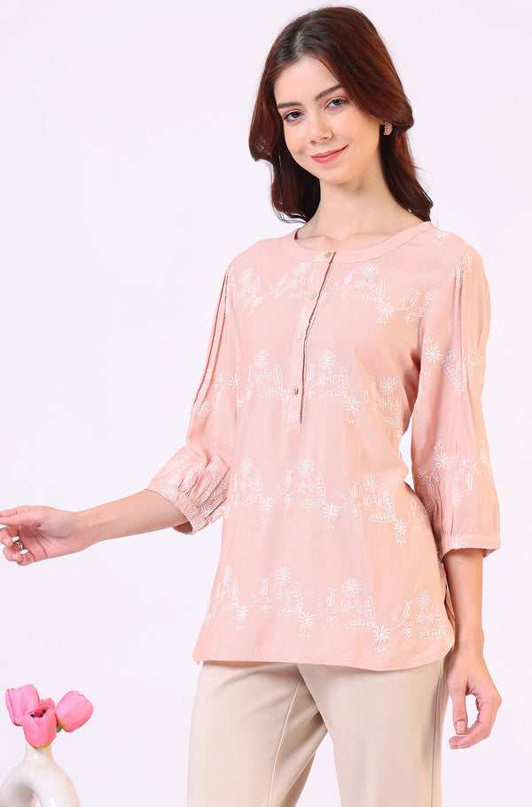 Peach Floral Schiffli Embroidered Rayon Flax Western Top