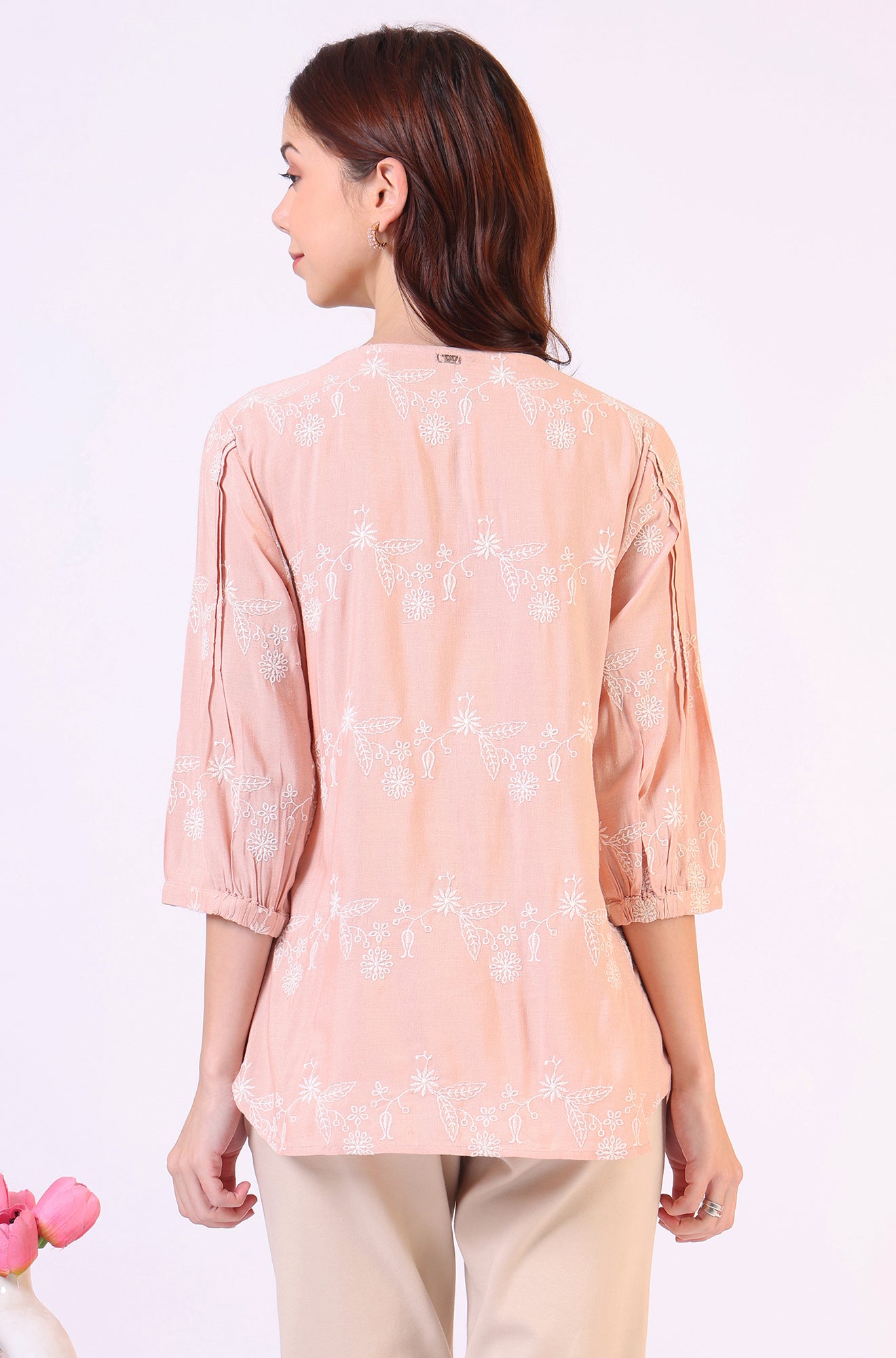 Peach Floral Schiffli Embroidered Rayon Flax Western Top