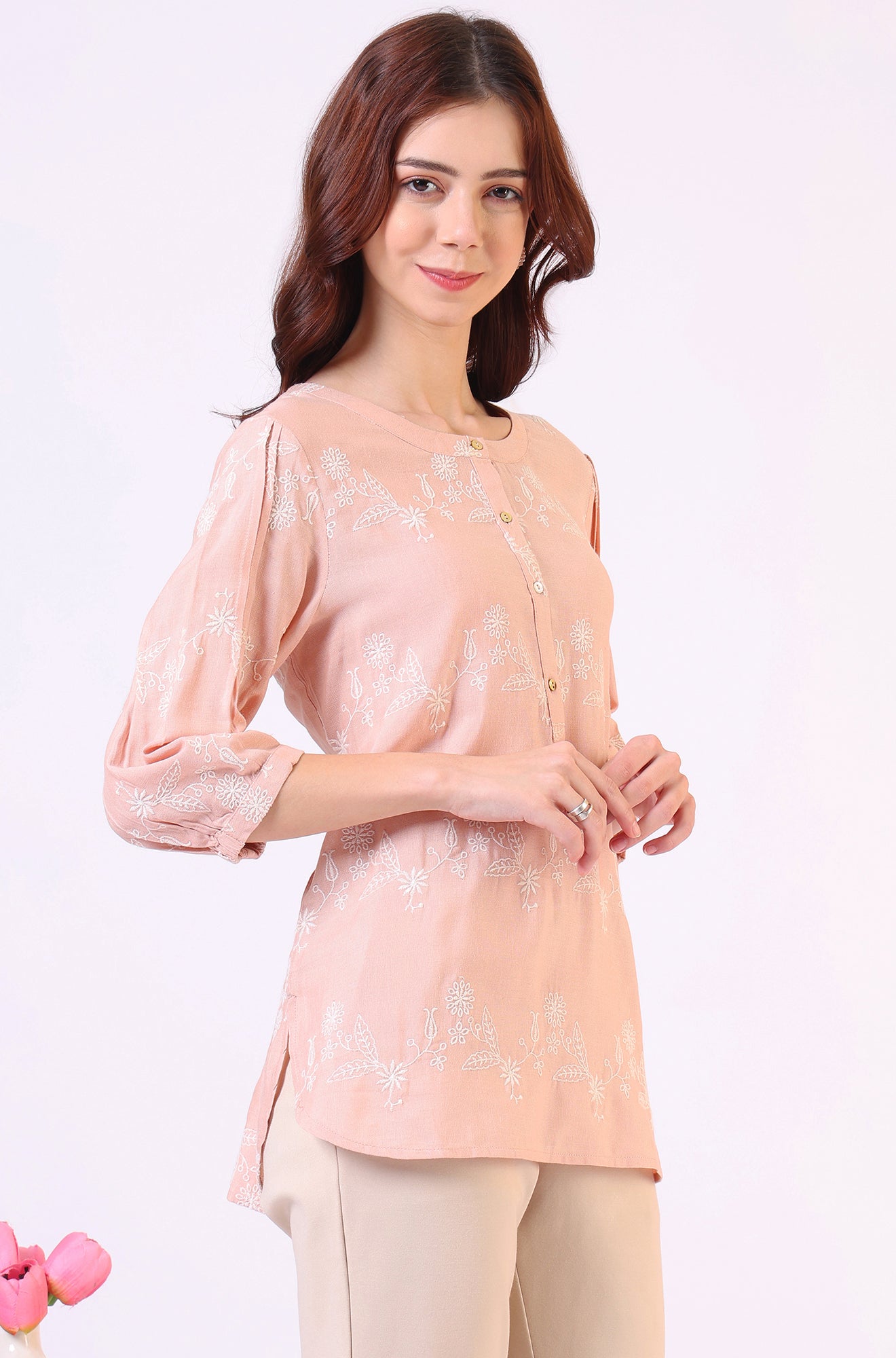 Peach Floral Schiffli Embroidered Rayon Flax Western Top