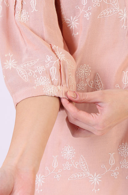 Peach Floral Schiffli Embroidered Rayon Flax Western Top