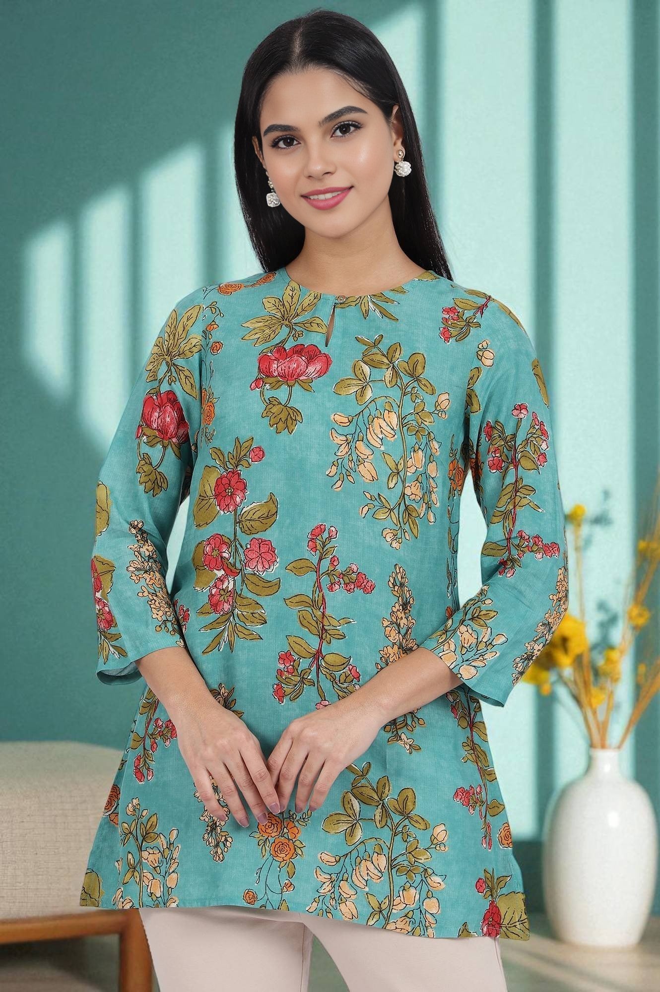 Green Floral Printed Straight Top