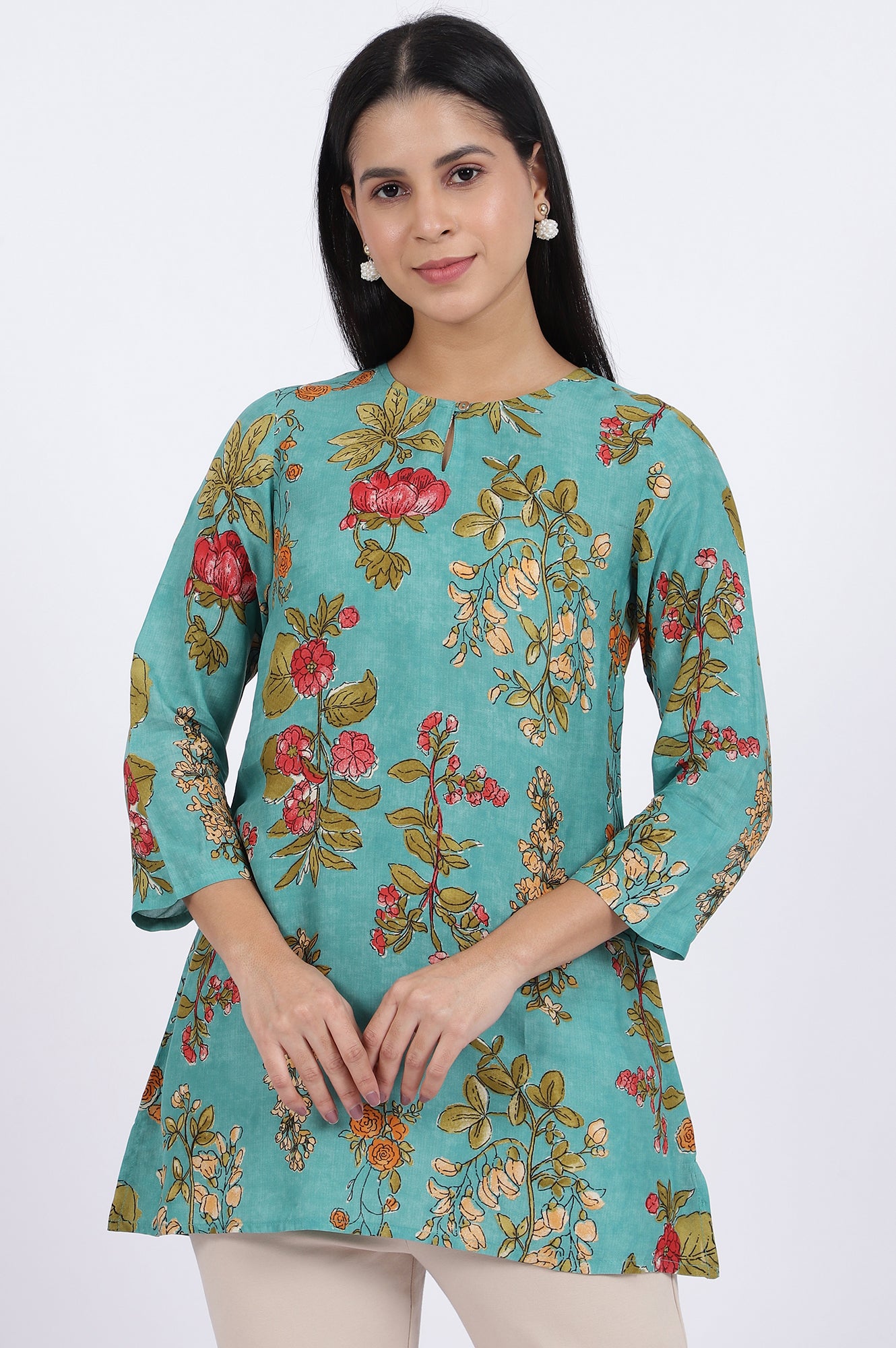 Green Floral Printed Straight Top