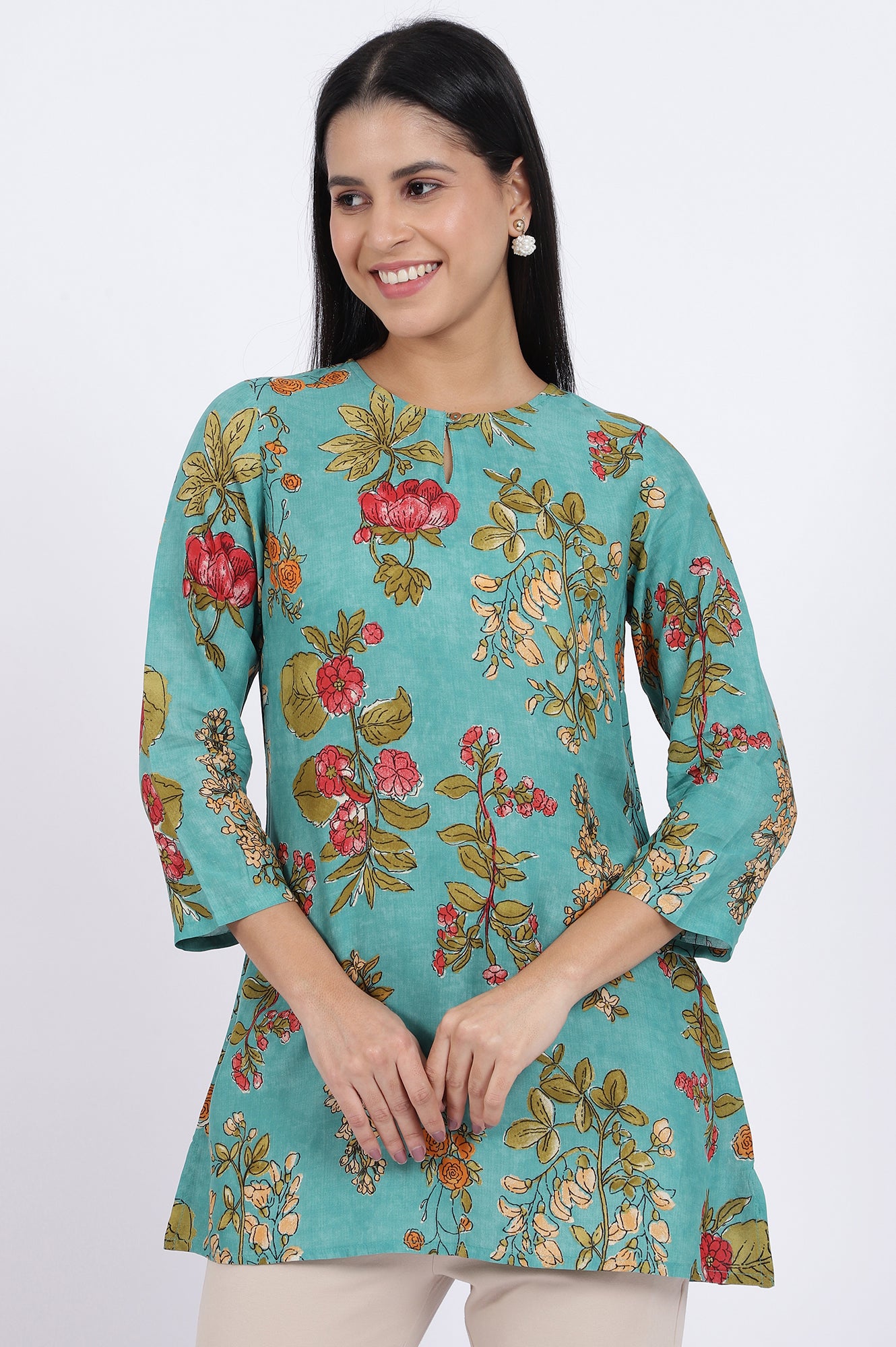 Green Floral Printed Straight Top