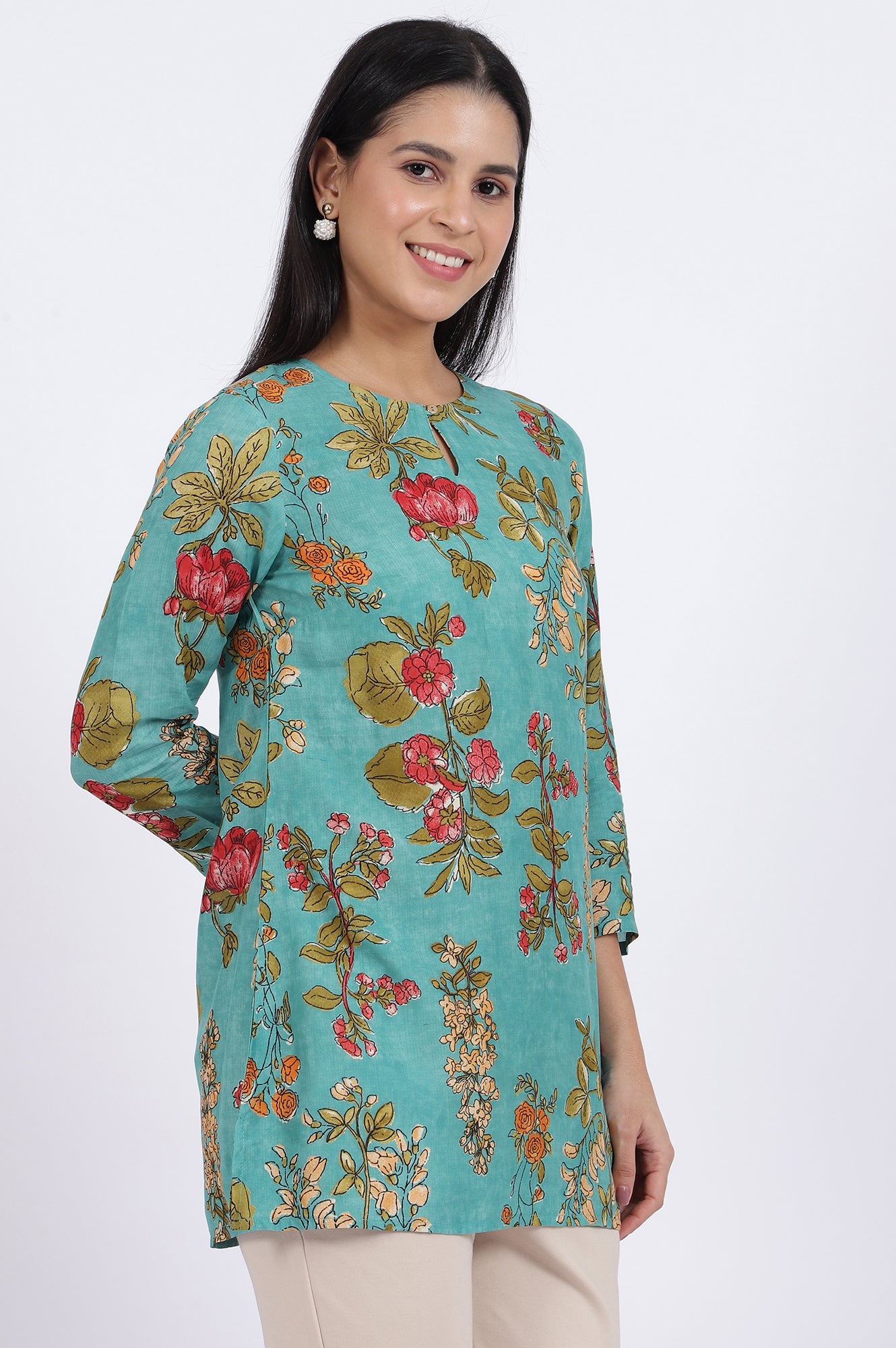 Green Floral Printed Straight Top