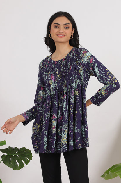 Grey Printed Swiss Dot A-line Pleated Top