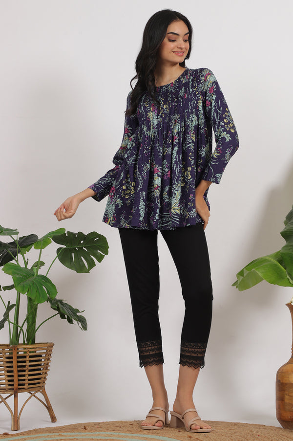 Grey Printed Swiss Dot A-line Pleated Top