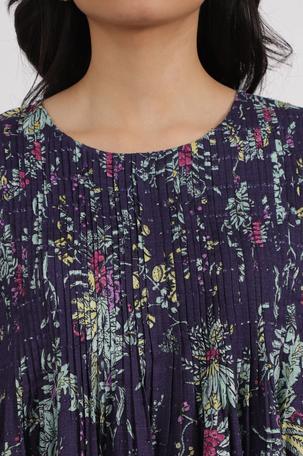 Grey Printed Swiss Dot A-line Pleated Top